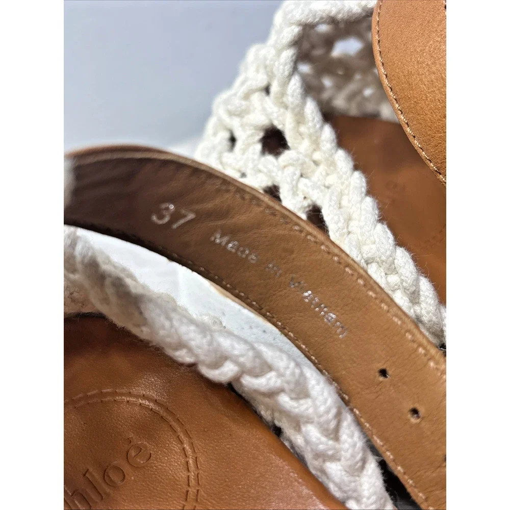 Chloé Crochet Platform Sandals Size 37 US 7 White Leather Ankle Strap Wedge - Picture 11 of 12